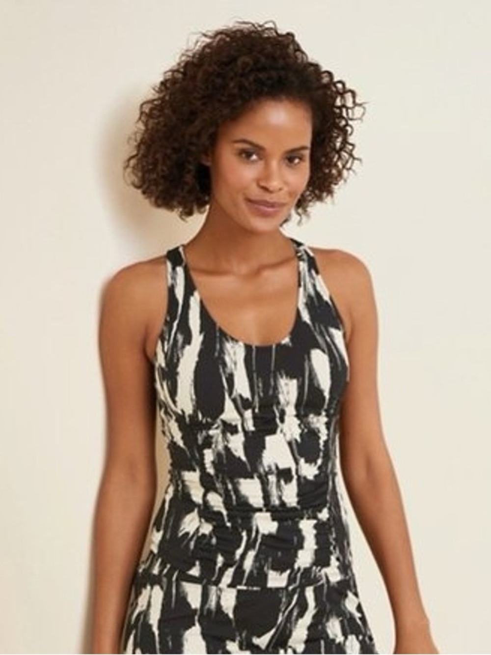 NWT Garnet Hill Active Tankini Top, Black/Cream, Size 12